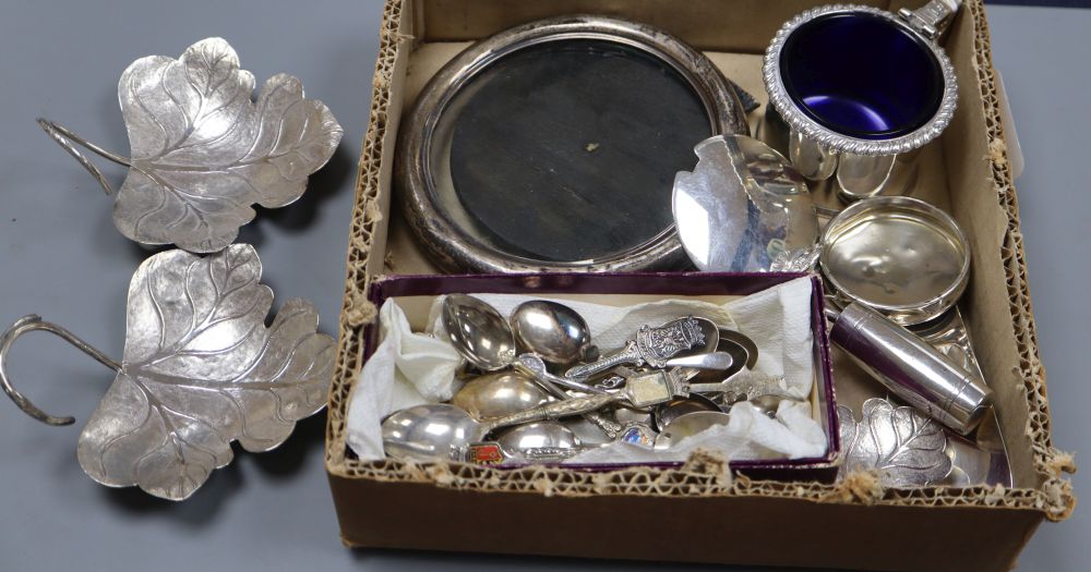 A George IV silver mustard, (lid detached and marks rubbed), two Chinese white metal leaf dishes and other items.
